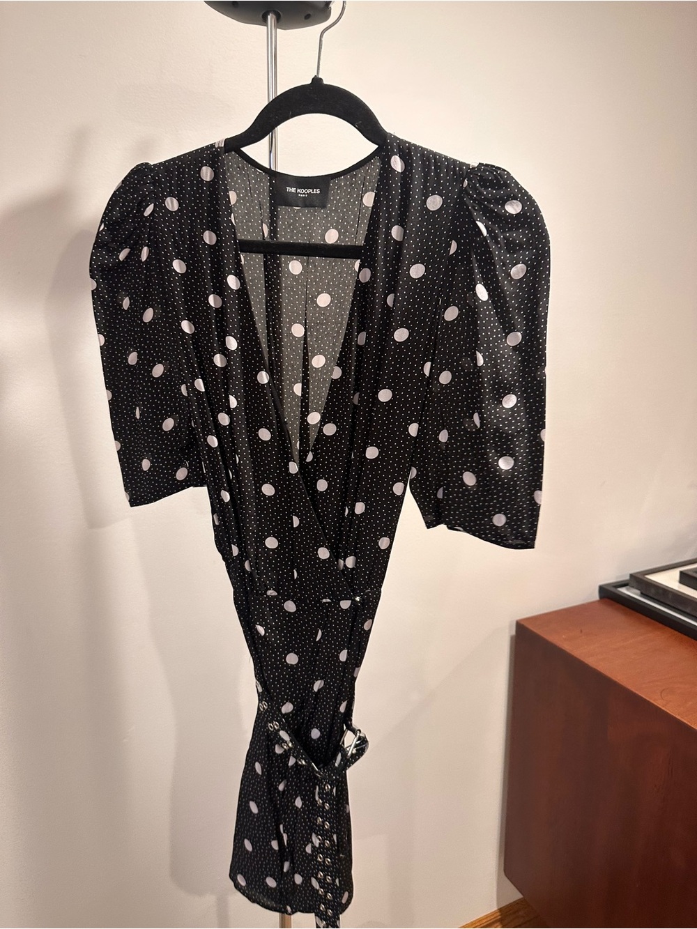The Kooples Black and White Polka Dot Wrap Mini Dress